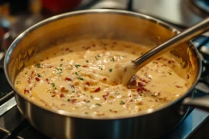 Cooking Chipotle Queso in a saucepan with cheese and chipotle peppers.