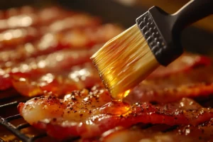 Preparation of maple bacon recipe: bacon strips on a rack being brushed with maple syrup and sprinkled with black pepper.