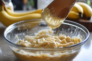 Mixing banana bread batter in a bowl with mashed bananas and oil, showcasing the process of combining ingredients for a moist bread