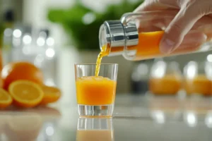 A bartender preparing an orange tea shot, pouring the mix into a shot glass with a bar setup in the background