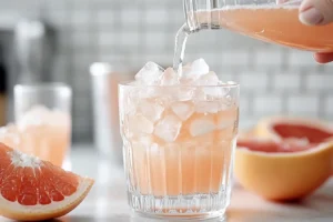 Step-by-step preparation of a grapefruit crush recipe, featuring fresh grapefruit juice, sweetener, ice, and club soda being mixed.