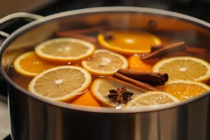 Simmering pot of Boilo mixture with fruit slices and spices on a stovetop.