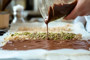 Step-by-step assembly of Dubai chocolate with pistachio filling and toasted kataifi pastry.