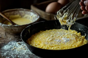 Step-by-step preparation for Southern cornbread recipe beef tallow, showing dry and wet ingredients being mixed and a hot skillet with melted tallow.