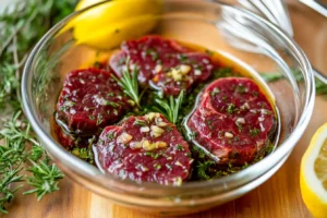 Raw beef heart medallions marinating in olive oil, garlic, lemon juice, and fresh herbs, with a whisk and sliced lemon on the side.