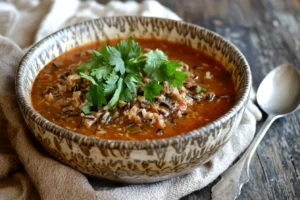 Wild turkey soup with wild rice in a bowl, topped with parsley