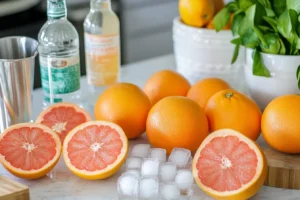 Fresh ingredients for a grapefruit crush cocktail: grapefruits, vodka, triple sec, club soda, and ice cubes.