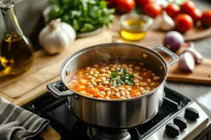 The preparation process of Pasta e Fagioli with ditalini pasta, beans, and herbs in a pot, surrounded by fresh ingredients in a cozy kitchen.