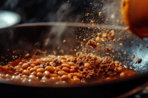 Ground beef being cooked with beans and spices in a skillet.